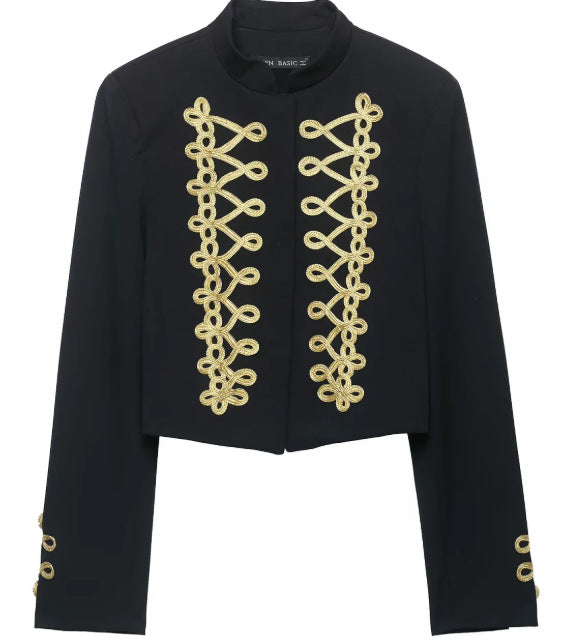 Damen Taillierter Cropped Militärblazer mit Stehkragen und goldverzierten Epauletten Drune