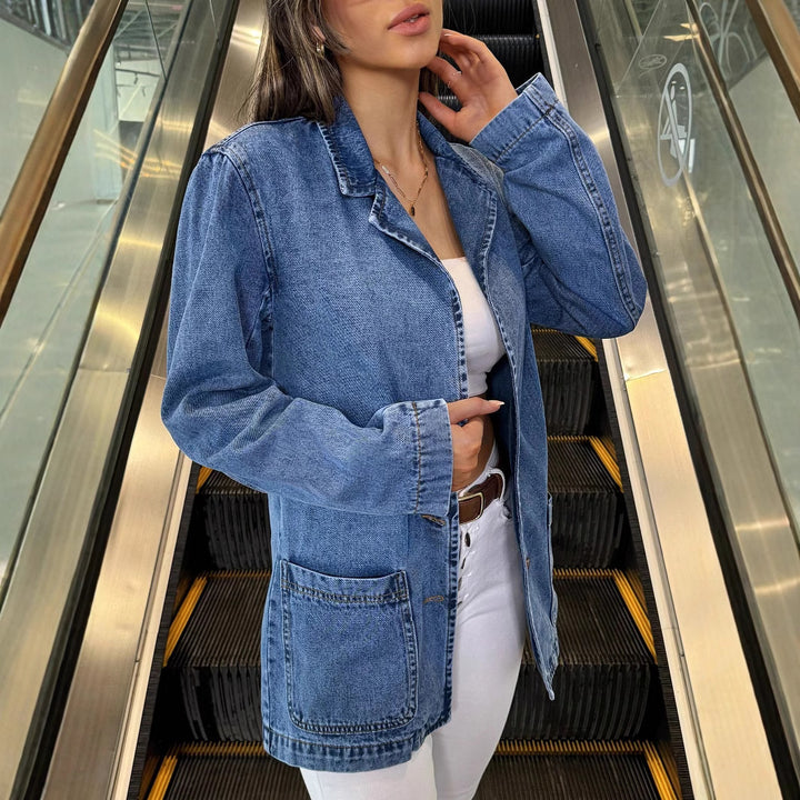 Damen Longline-Denimjacke mit lässigem Oversize-Schnitt und aufgesetzten Taschen Drune