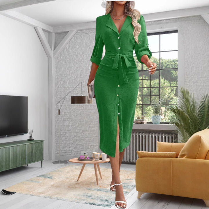 Damen Mittellanges Hemdblusenkleid mit Taillengürtel und Knopfleiste Drune