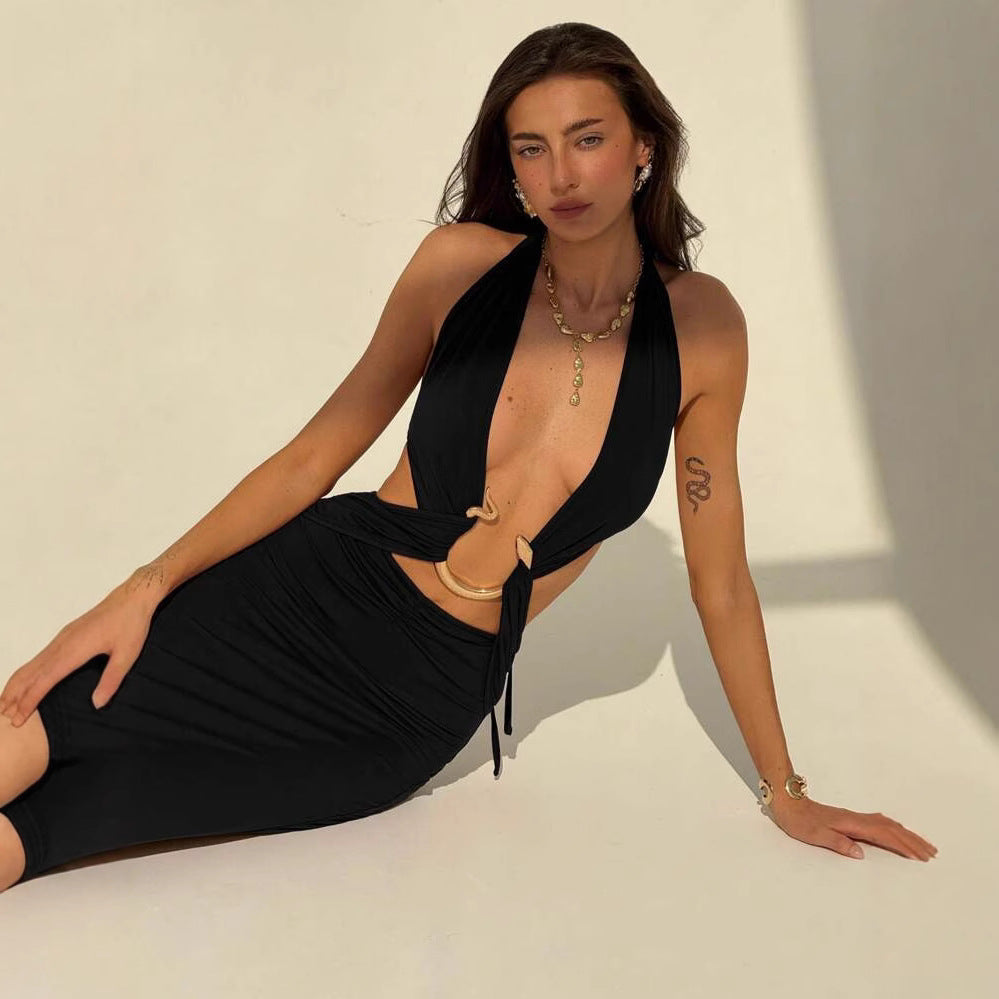 Damen Maxi-Kleid mit verführerischem Halterneck und eleganten Cut-Out-Details Drune