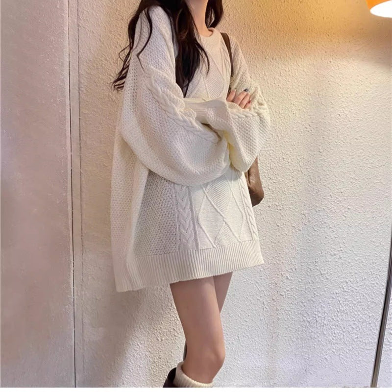 Damen Oversize Zopfmuster-Longpullover mit Rundhals und Ballonärmeln Drune