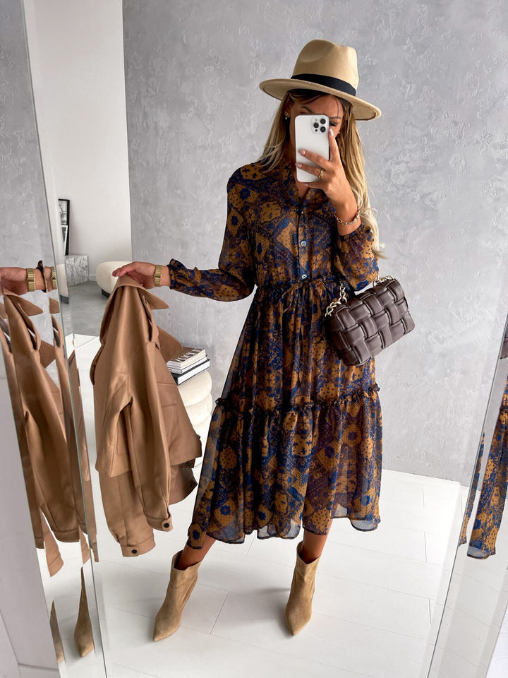 Damen Maxi-Kleid mit fließendem Rüschensaum und elegantem Druck Drune