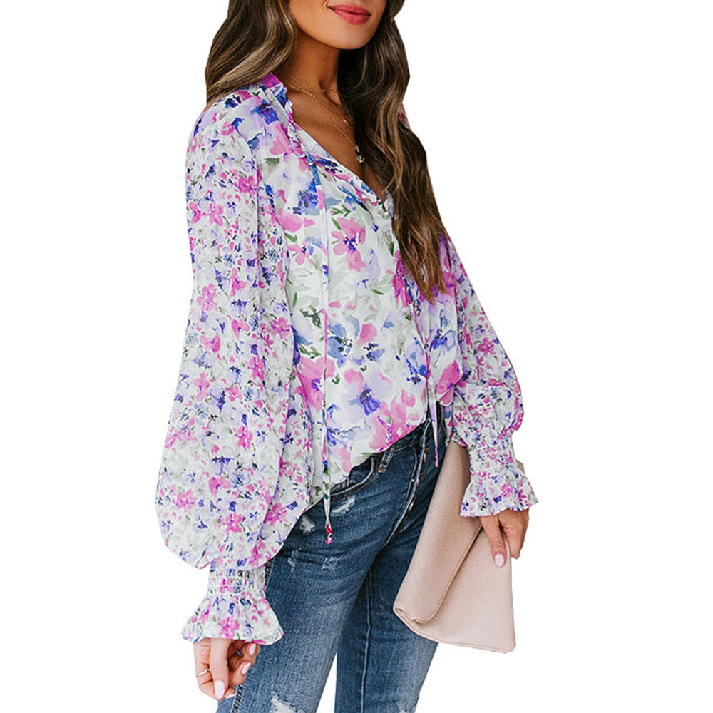 Damen Floral gemustertes Blusenoberteil mit weiten Ärmeln Drune