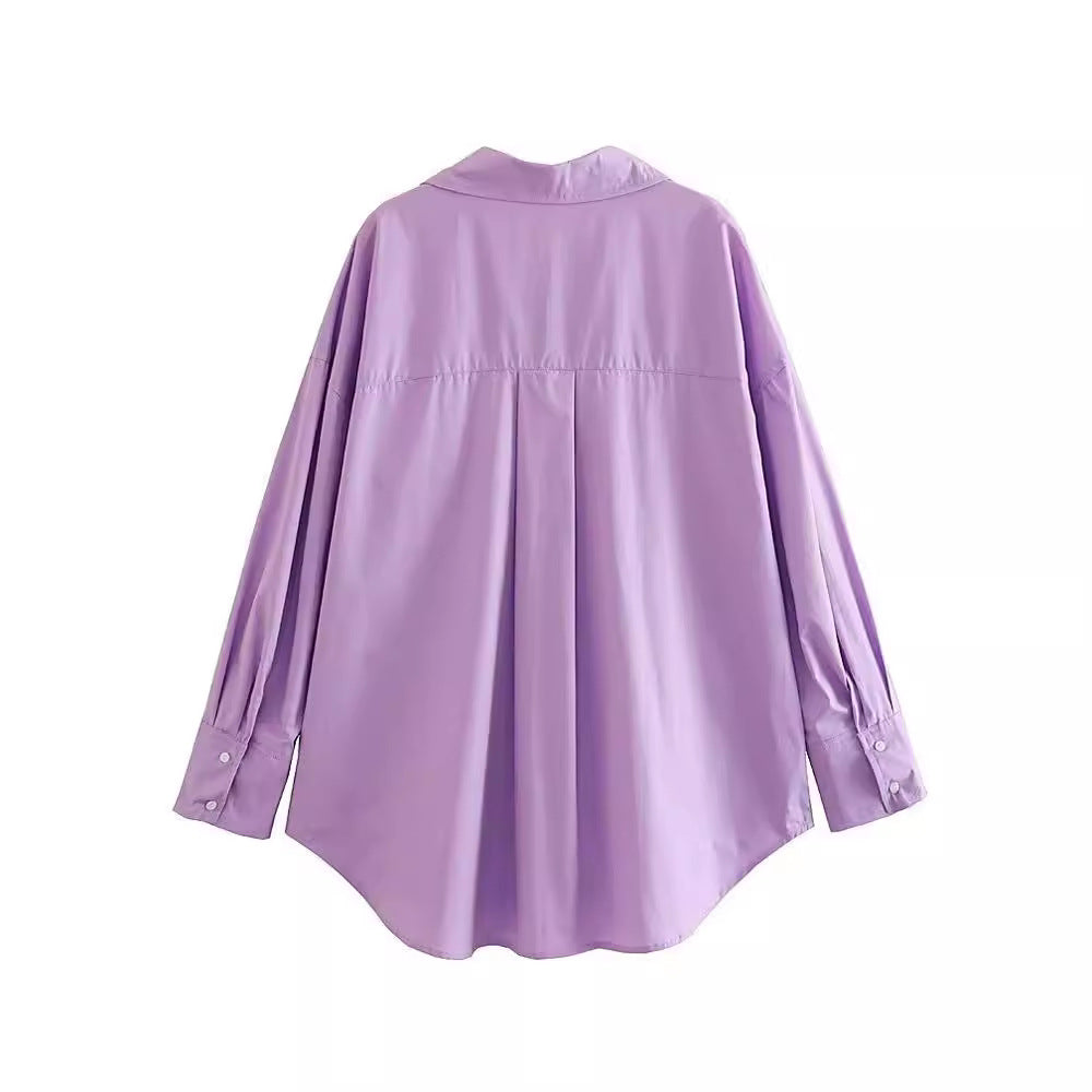 Damen nan oversized Longbluse mit Kentkragen, durchgehender Knopfleiste und abgerundetem Saum Drune