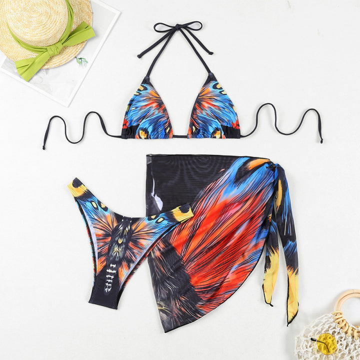 Damen Triangel-Bikini mit verspieltem Wickeldetail und buntem Tropenmotiv Drune