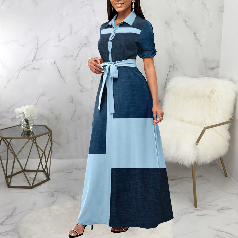 Damen Maxikleid Hemdblusenstil mit Taillengürtel und Blockpatch-Design Drune