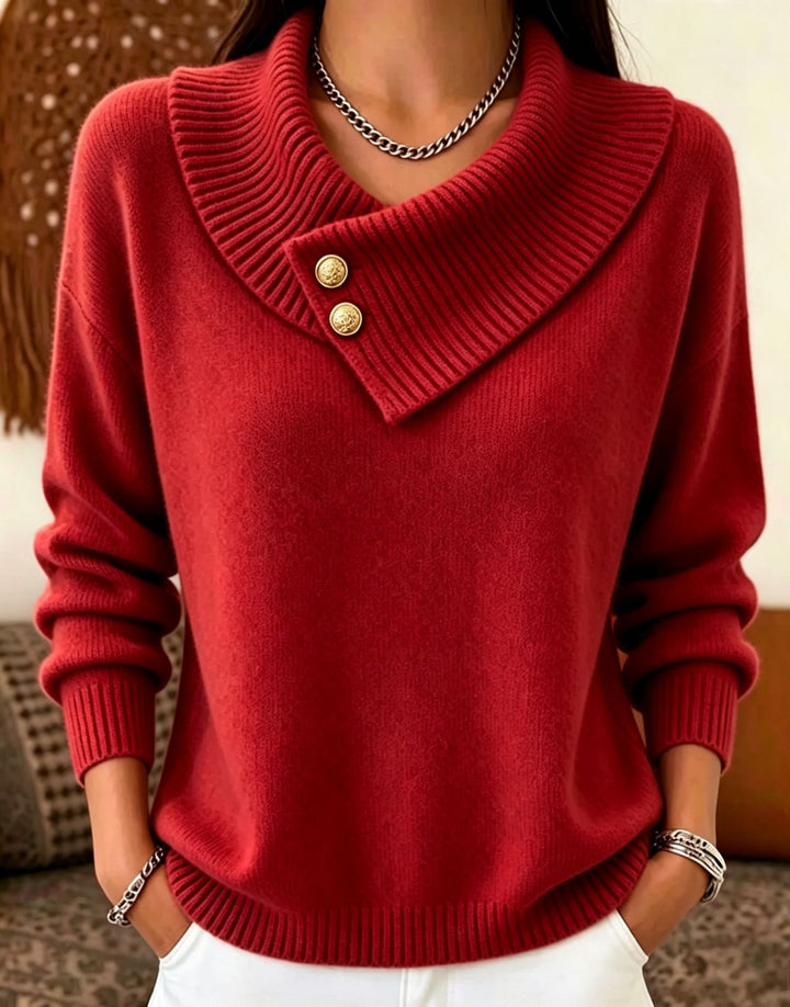 Damen Feinstrick-Pullover mit überlappendem Schalkragen und Zierknöpfen Drune