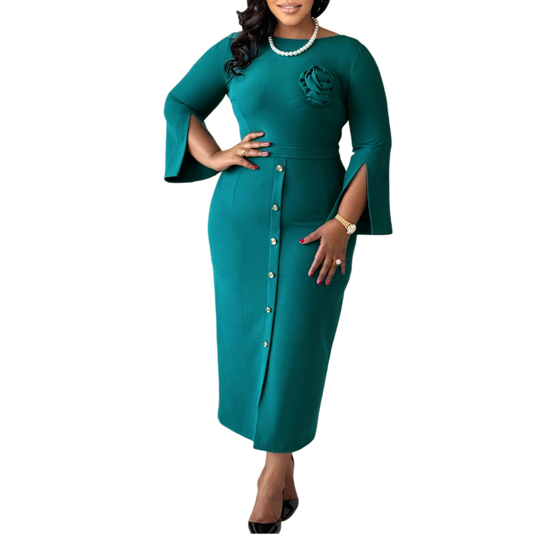 Damen Elegantes Midikleid mit dekorativem Knopfverschluss und floralem Detail Drune