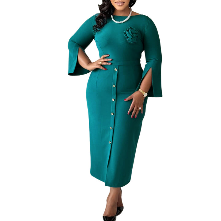 Damen Elegantes Midikleid mit dekorativem Knopfverschluss und floralem Detail Drune