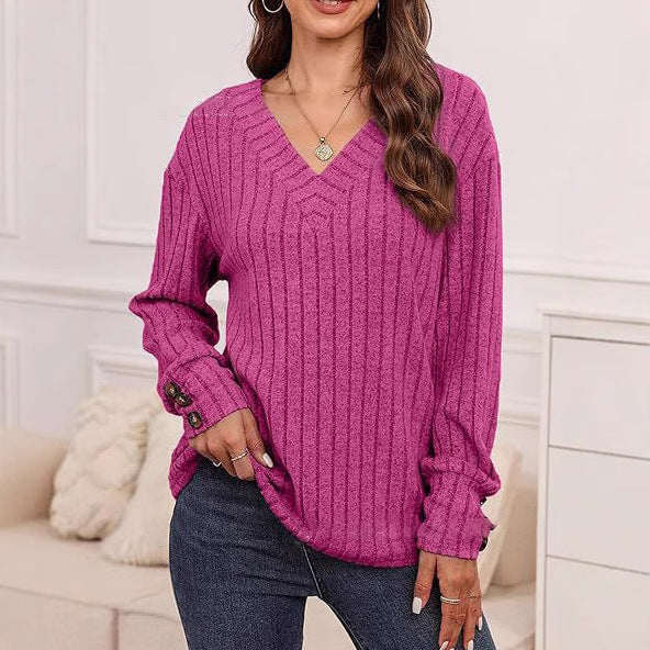 Damen Strickpullover mit V-Ausschnitt und dekorativen Knopfdetails Drune