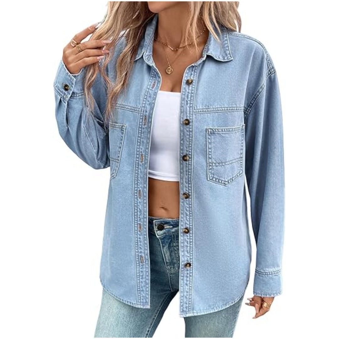Damen Oversized Jeans-Hemdjacke aus Denim mit Brusttaschen Drune