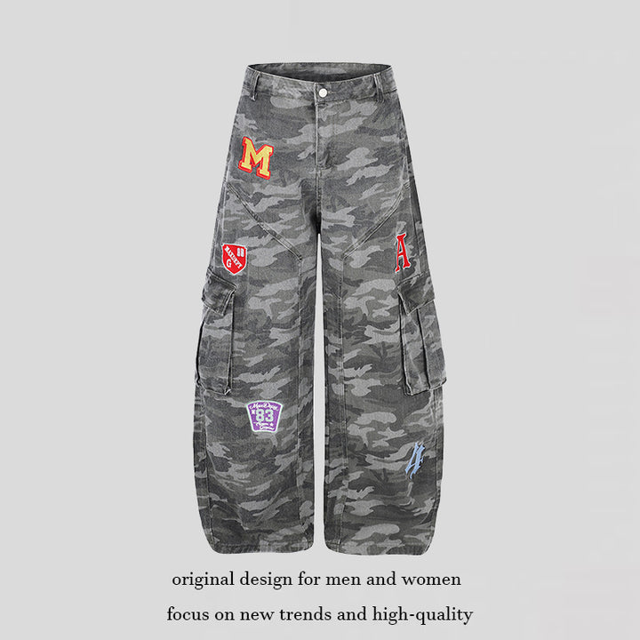 Damen Weite Cargo-Hose im Camouflage-Look mit Applikationen und Multi-Taschen Drune