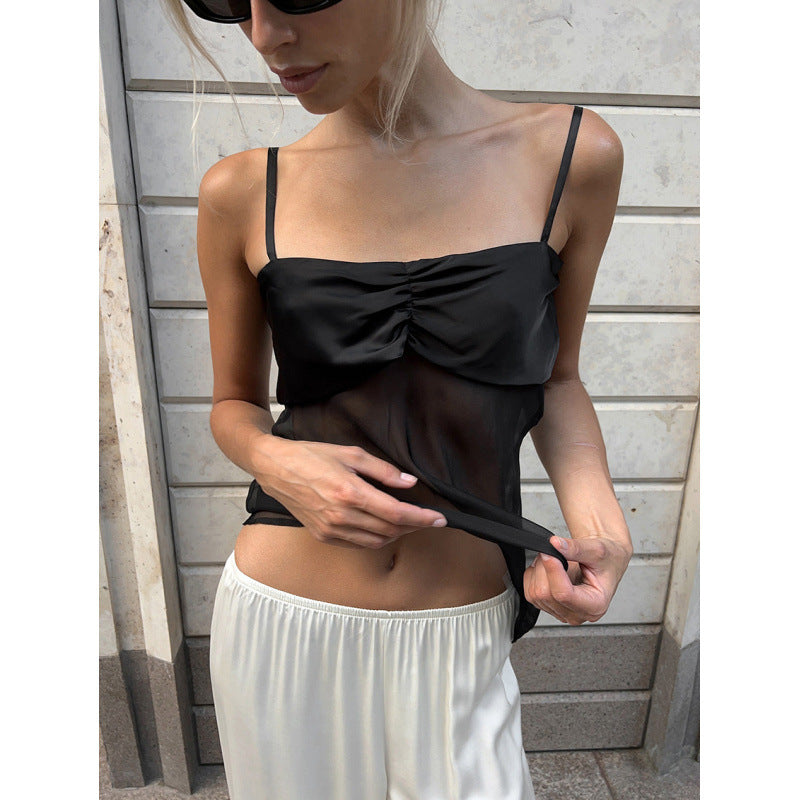 Damen Sexy Trägertop mit transparentem Stoff und raffiniertem Falten-Design Drune
