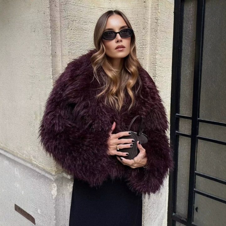 Damen Kurze Boxy-Plüschjacke im Shaggy-Look mit fallendem Revers Drune