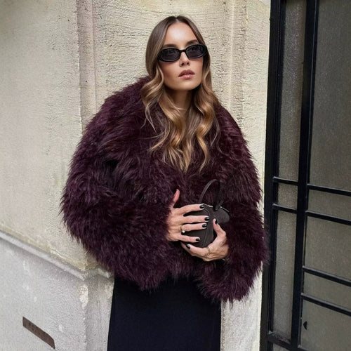 Damen Kurze Boxy-Plüschjacke im Shaggy-Look mit fallendem Revers Drune