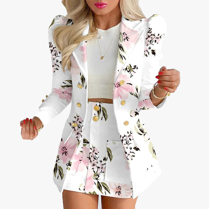 Damen nan tailliertes Zweiteiler-Businesskostüm mit doppelreihigem Blazer und figurbetontem Minirock Drune