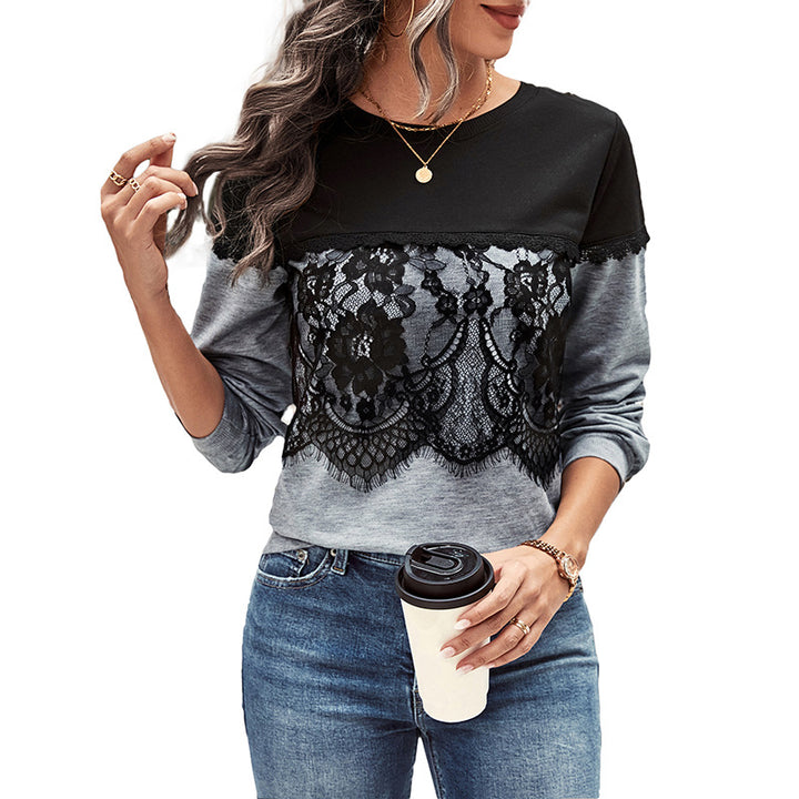 Damen Elegantes Sweatshirt mit floraler Spitzenapplikation und Kontrast-Schulterpartie Drune