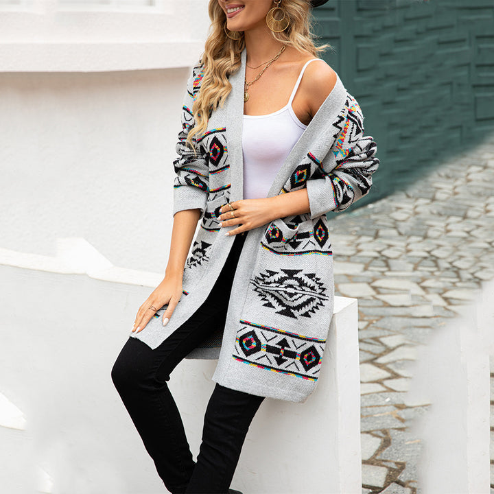 Damen Strickjacke mit ethnischem Muster und großem Kragen Drune