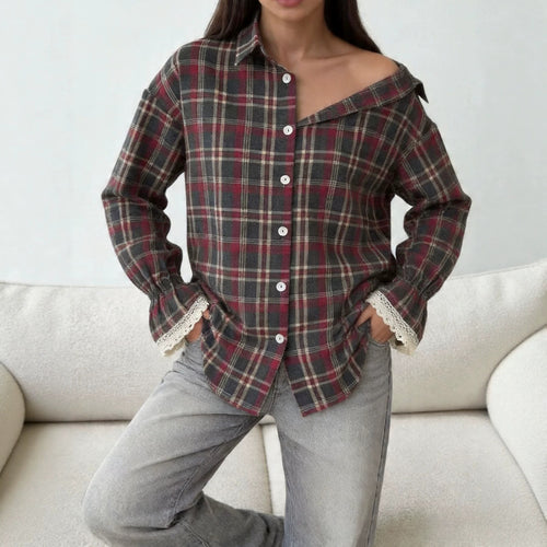 Damen Karo-Hemdbluse mit Spitzenmanschetten und Oversize-Schnitt Drune