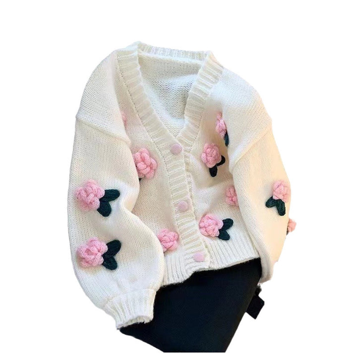 Damen Strickjacke mit Blumenapplikationen und elastischen Ärmeln Drune