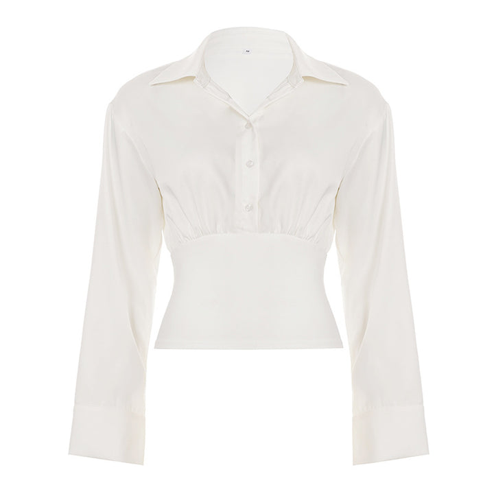 Damen nan taillierte Cropped-Bluse mit Hemdkragen und breitem Stretchbund Drune