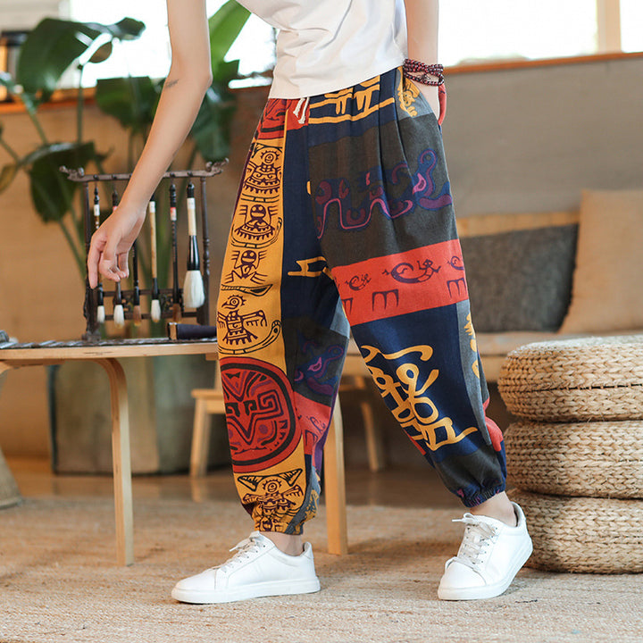 Herren Weite Haremshose im Boho-Print mit elastischem Tunnelzug und gekräuseltem Knöchelbund Drune