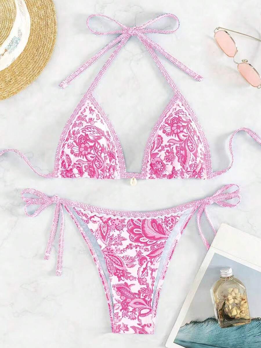 Damen Triangel-Bikini-Set mit verstellbaren Bindebändern und floralem Design Drune