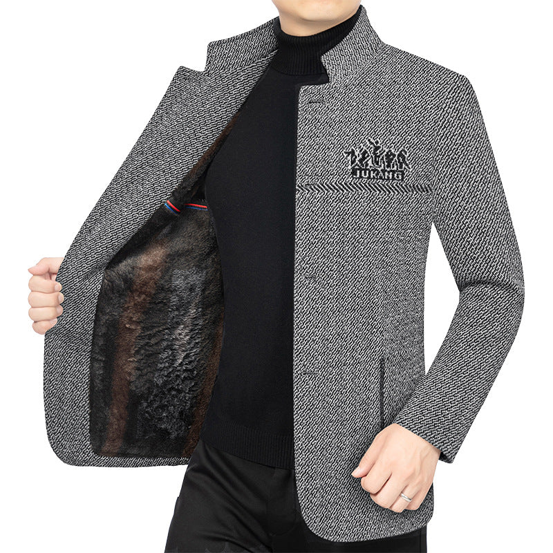 Herren Wollmantel mit Teddyfutter, Stehkragen und schmaler Silhouette Drune