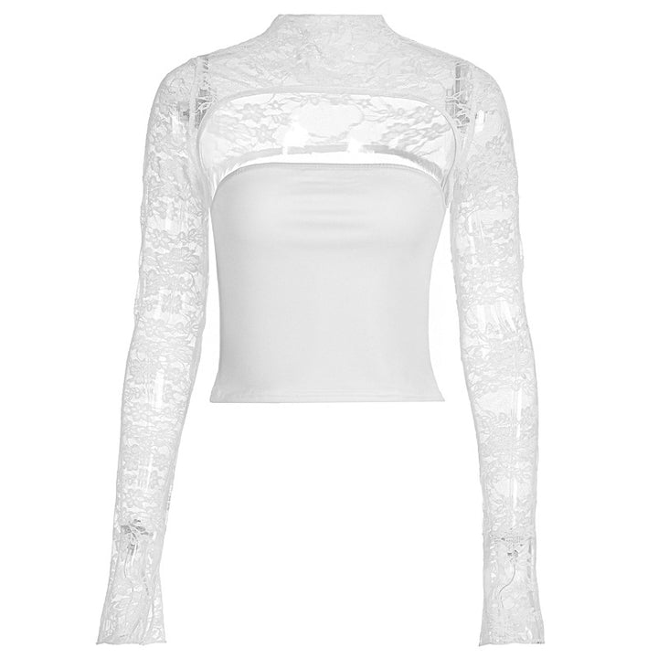 Damen Elegantes Oberteil mit transparenten Ärmeln und hochwertiger Spitze Drune