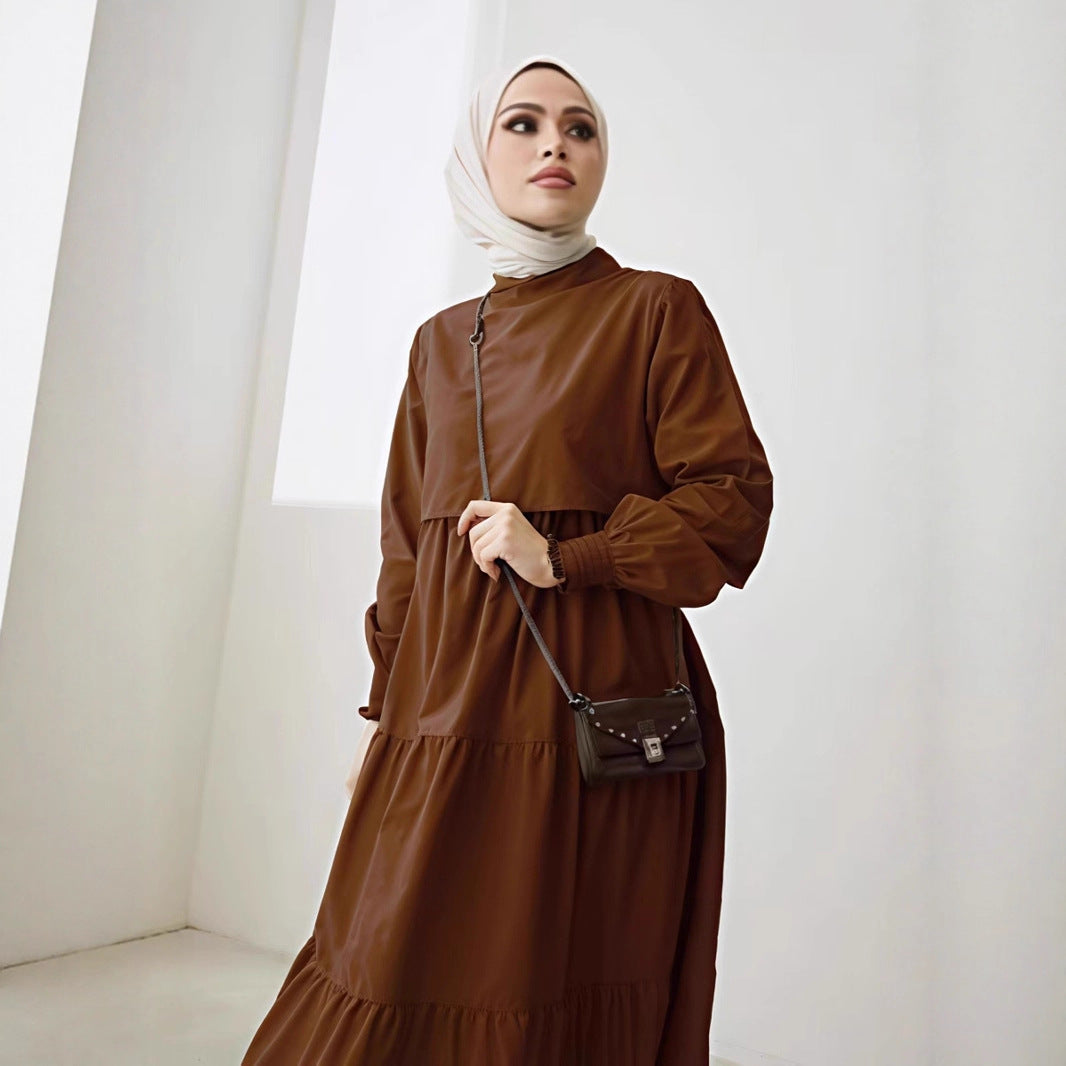 Damen Maxikleid mit Stufenrock, hohem Kragen und gerafften Ärmeln Drune
