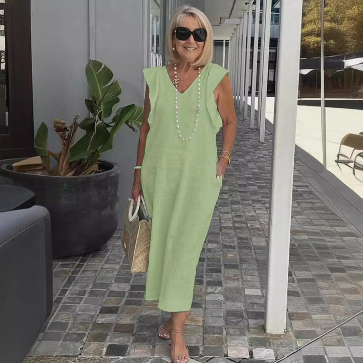 Damen Maxikleid mit V-Ausschnitt und angeschnittenem Ärmel Drune