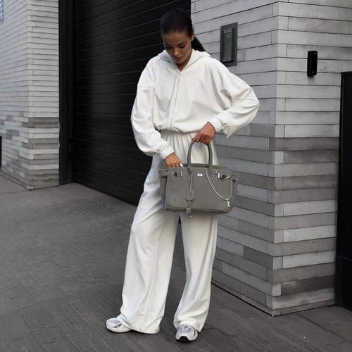 Damen Kapuzen-Jumpsuit mit weitem Bein elastischer Taille und Frontreißverschluss Drune