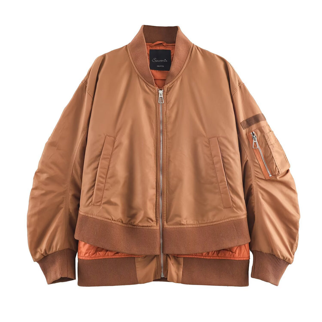 Damen Oversize-Bomberjacke mit wattierter Steppfütterung, Ärmel‑Reißverschlusstasche und breitem Rippbund Drune
