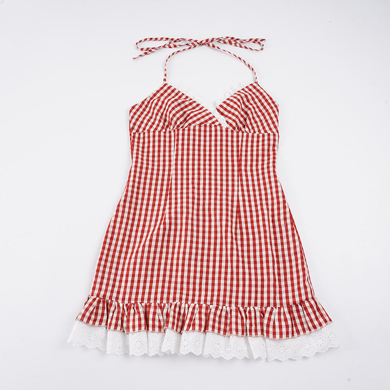 Damen Sommerkleid mit kariertem Muster und Rüschensaum Drune