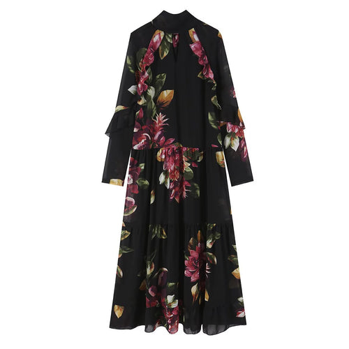 Damen Maxikleid mit Blumenprint, Stufenrock und Volantärmeln Drune