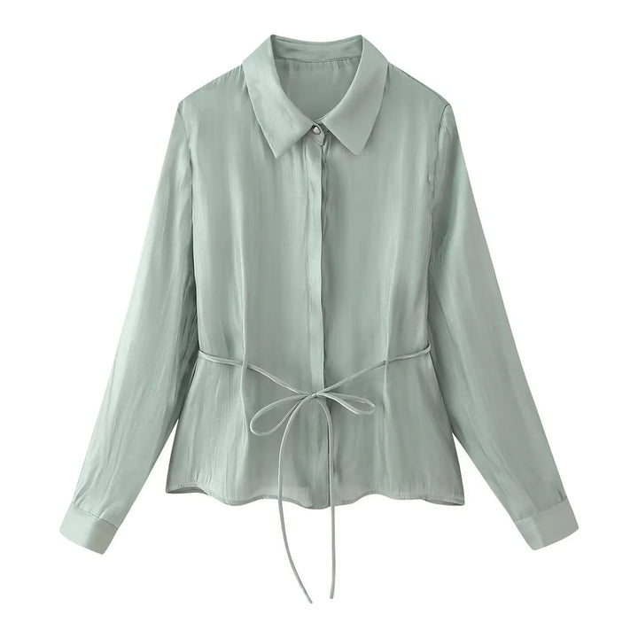 Damen nan seidenähnliche Taillierte Hemdbluse mit Bindegürtel und verdeckter Knopfleiste Drune