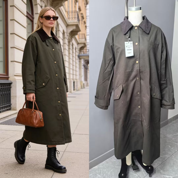 Damen Langer wasserdichter Oversize-Mantel mit Cordkragen, Druckknopfleiste und Pattentaschen Drune