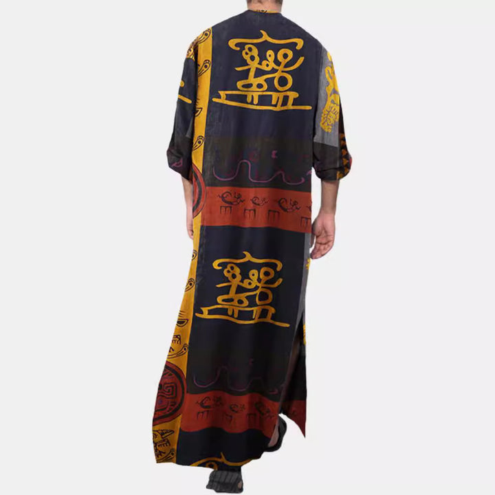 Damen nan Ethno-Maxikleid mit Stehkragen, kurzer Knopfleiste, überschnittenen Ärmeln und A-Linien-Schnitt Drune