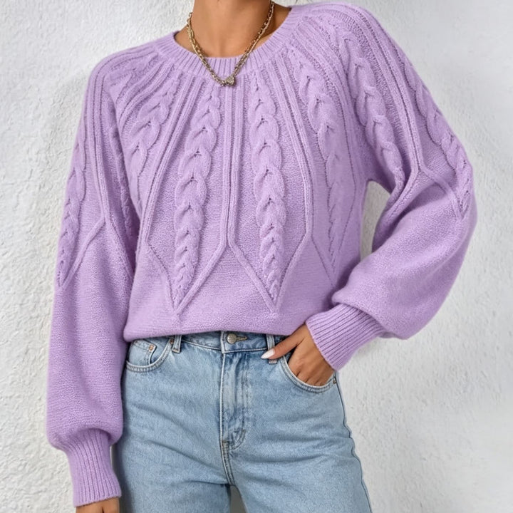 Damen kurzgeschnitteter Grobstrick-Zopfpullover mit Ballonärmeln Drune