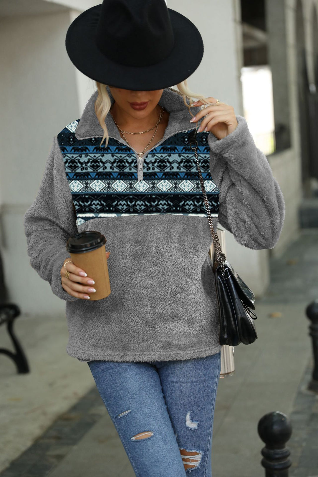 Damen Fleece-Pullover mit halbhohem Kragen und dekorativem Muster Drune