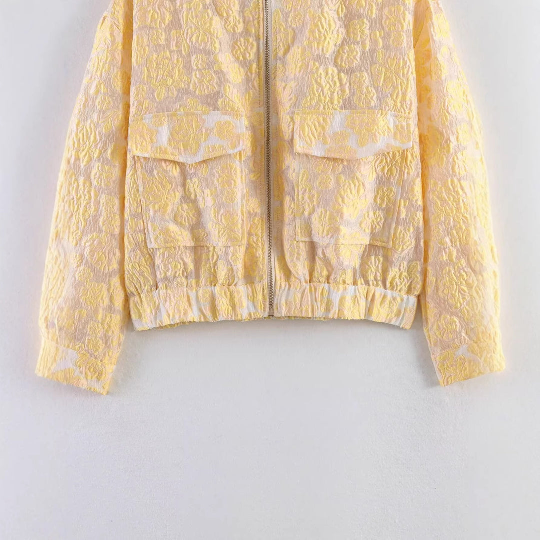 Damen Kurze florale Jacquard-Bomberjacke mit Reißverschluss und Pattentaschen Drune