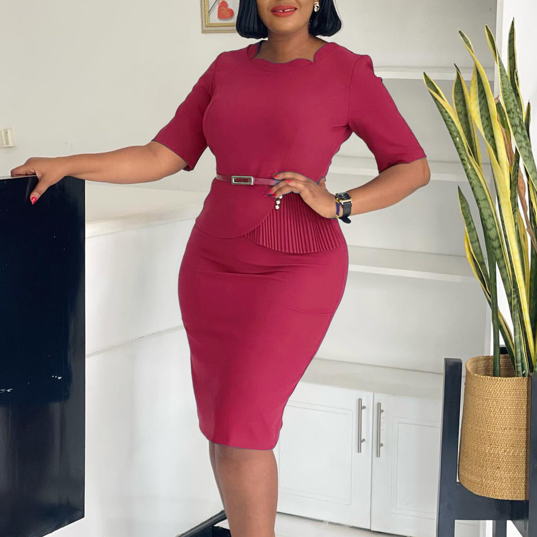 Damen Midi-Kleid mit drapierter Vorderseite und abnehmbaren Taillengürteln Drune