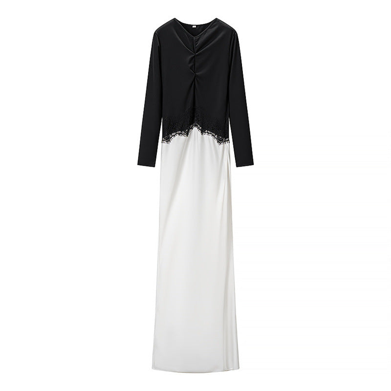 Damen Zweiton-Maxikleid mit geraffter V‑Passe, Spitzenbesatz und langen Ärmeln Drune