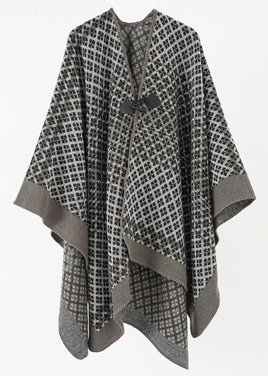 Damen Wollponcho mit geometrischem Karomuster und Knebelverschluss Drune