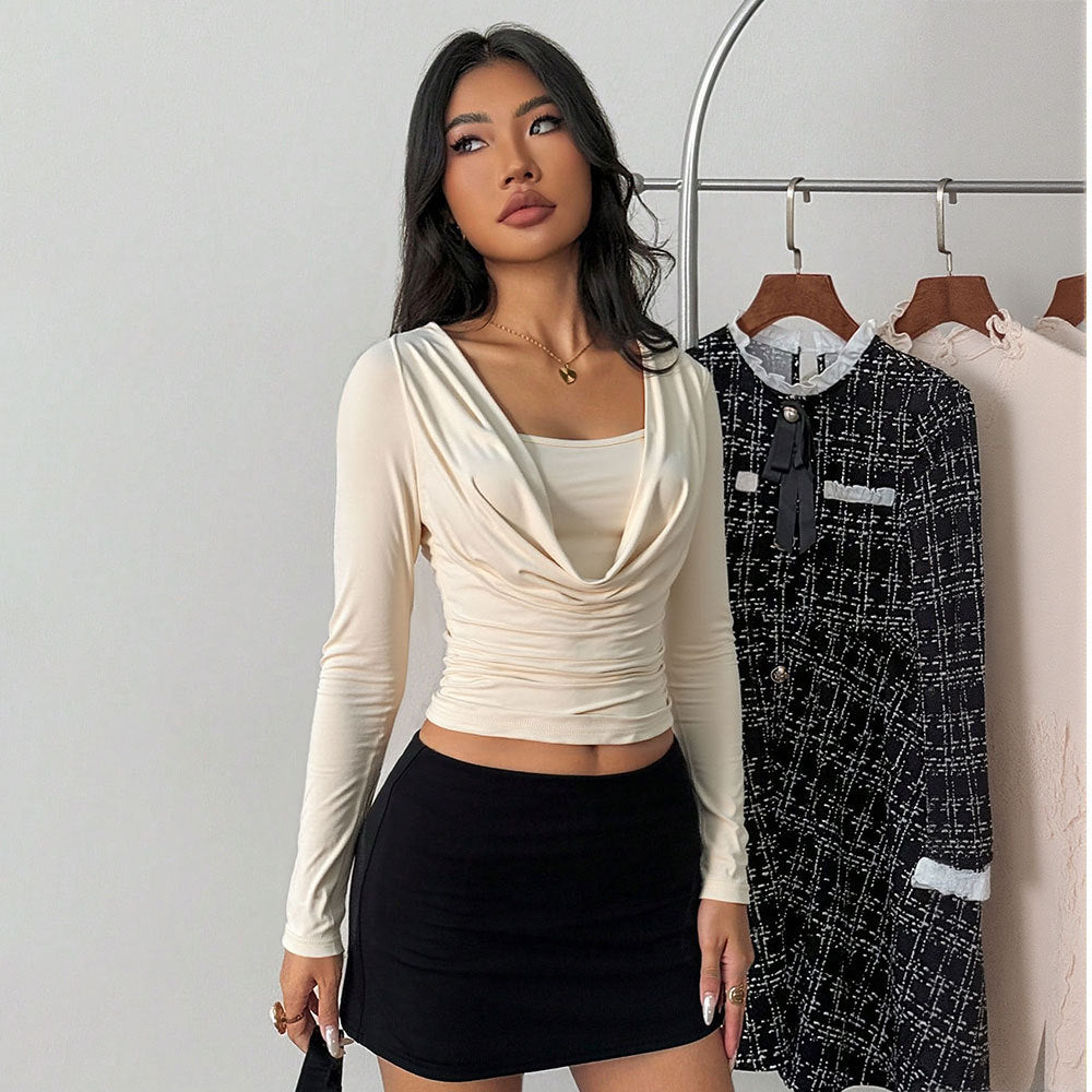 Damen drapiertes Langarm-Cropped-Top mit Wasserfall-Cowl Untertop-Einsatz und taillierter Raffung Drune