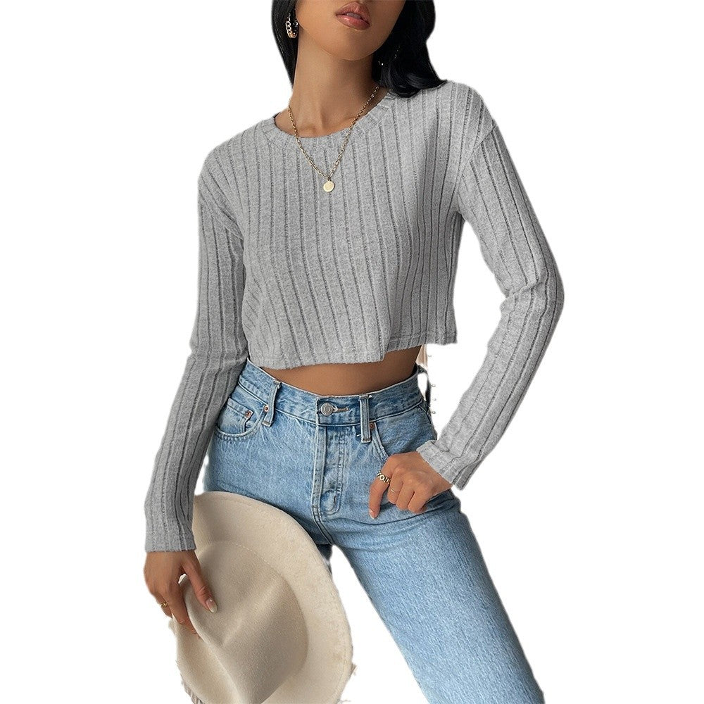 Damen kurzes geripptes Cropped-Strickoberteil mit Rundhalsausschnitt und tailliertem Schnitt Drune