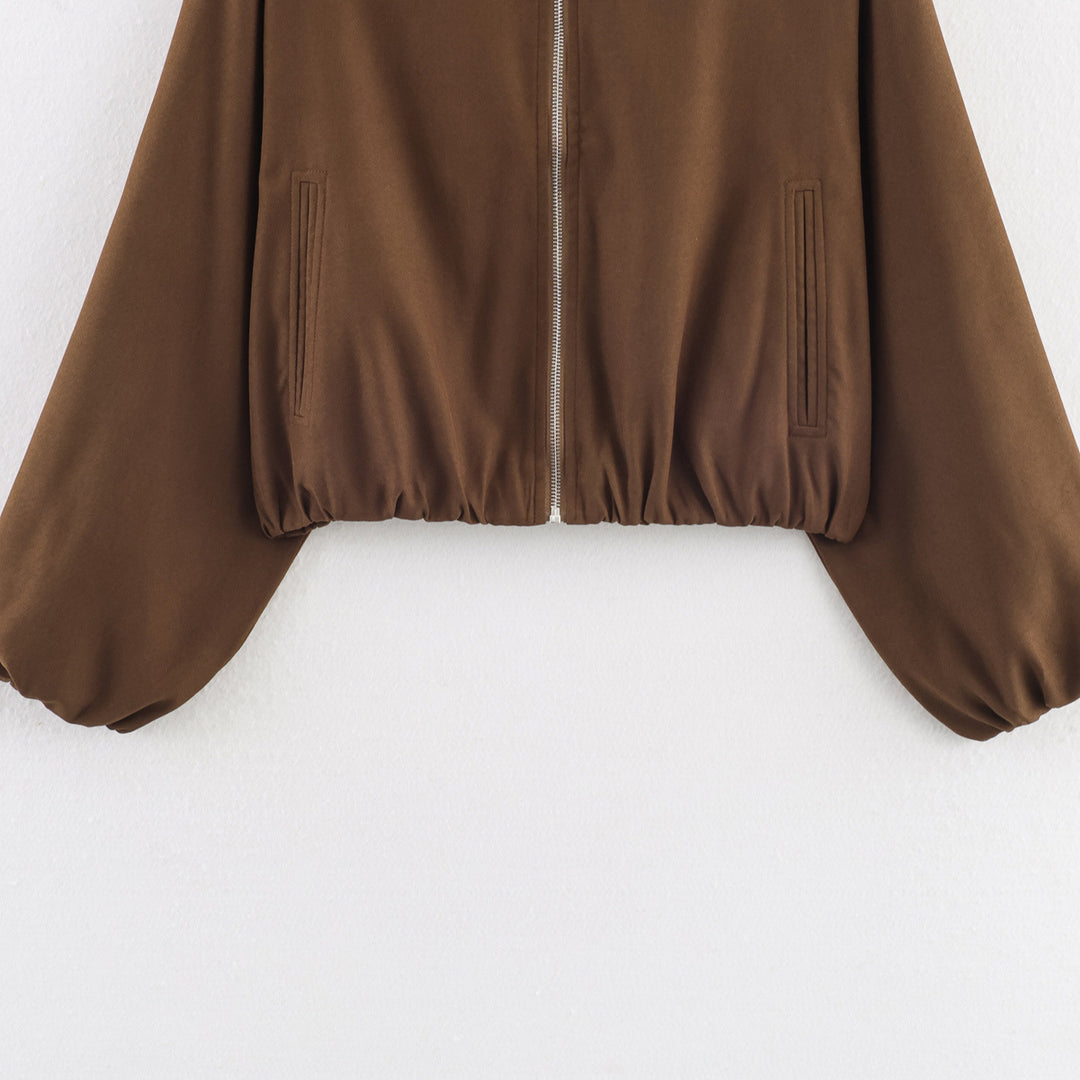 Damen Cropped Bomberjacke mit elastischem Saum, durchgehendem Reißverschluss und ballonärmeln Drune