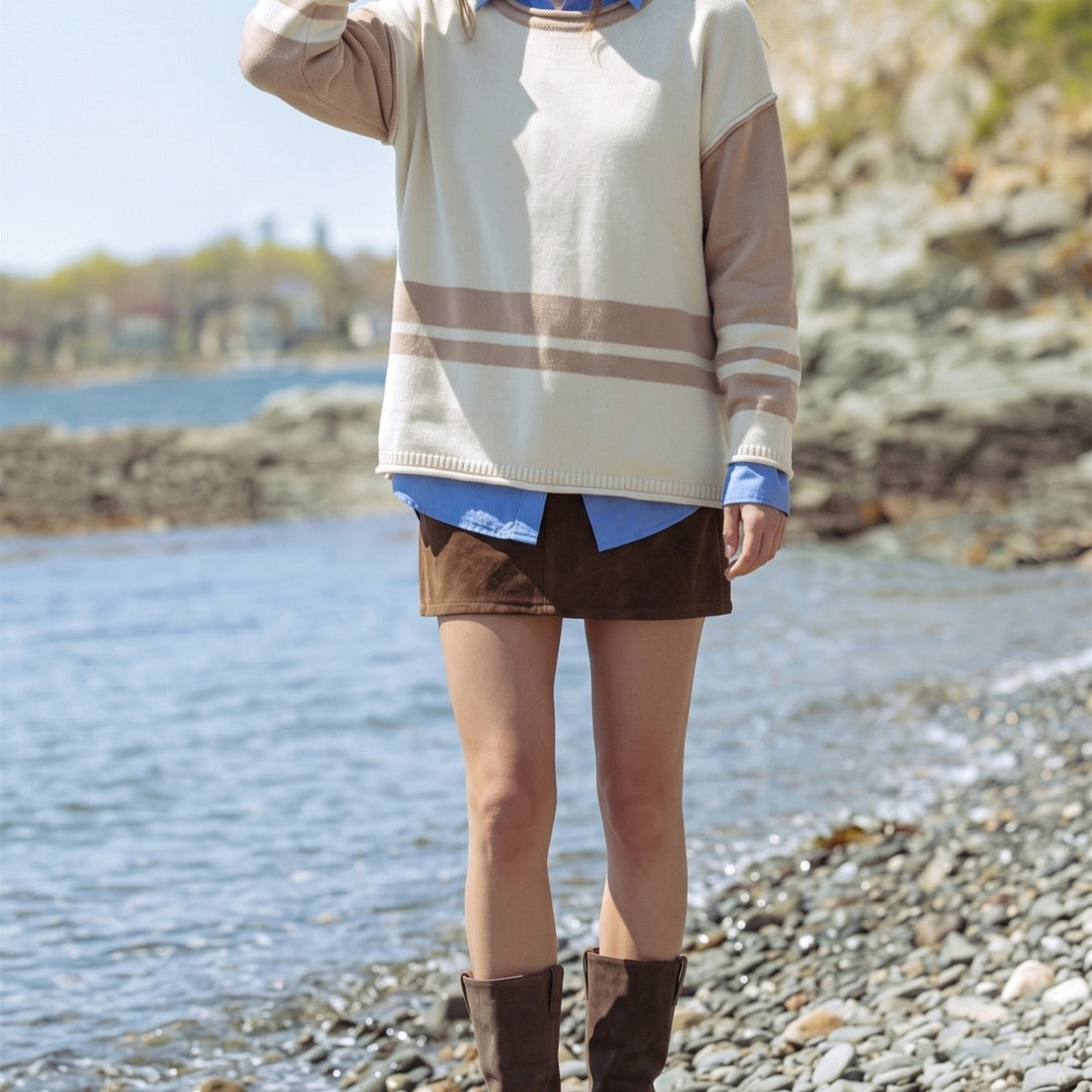 Damen Grobstrick-Pullover mit Paillettenstreifen, Oversize-Schnitt & Rundhalsausschnitt Drune