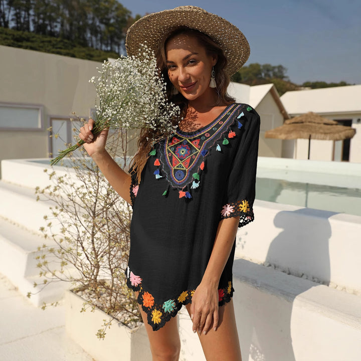 Damen luftiger Kaftan mit buntem Häkelmuster Drune