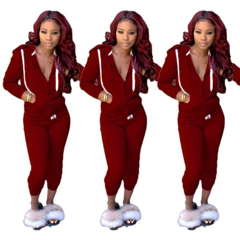 Damen tailliertes Kapuzen‑Sweatdress‑Set mit Reißverschluss und enganliegender Jogginghose Drune